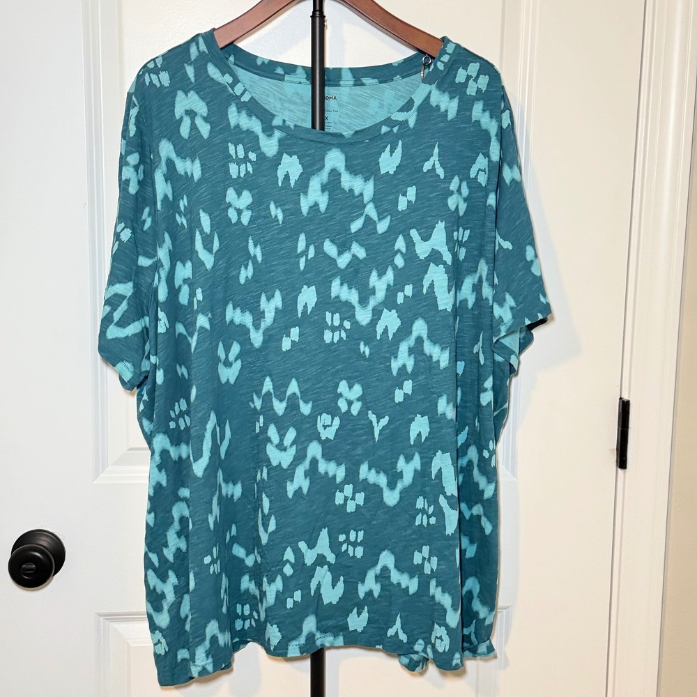 Sonoma Everyday Tee Womens 3X Plus Teal Blue Abstract Ikat Cotton T-Shirt